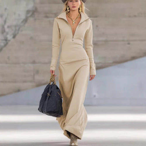 Damen Elegantes Jersey-Maxi-Kleid mit Halbzip-Kragen, taillierter Silhouette und fließendem Rock – Élara