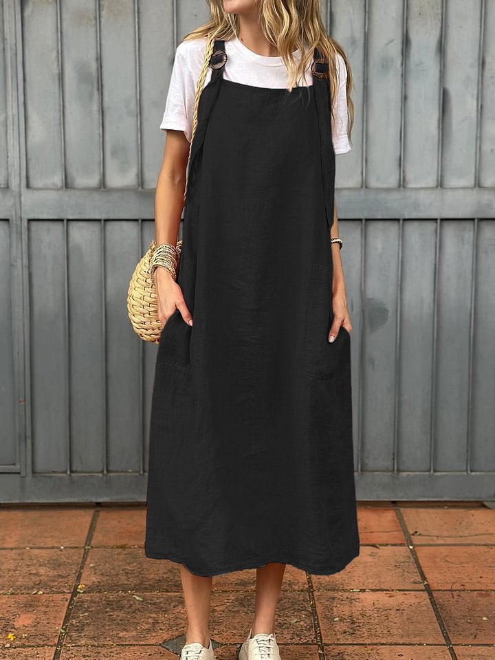 Damen Lässiges Leinen-Latzkleid mit praktischen Seitentaschen und verstellbaren Trägern Echoarchiv