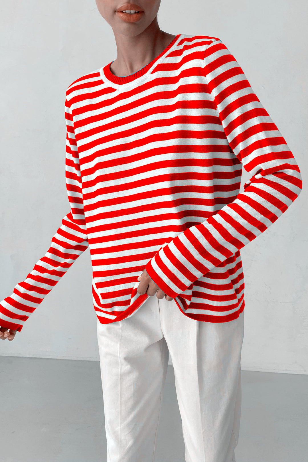 Damen nan gestreifter Baumwollpullover mit Rundhals und legerer Passform Echo Archiv