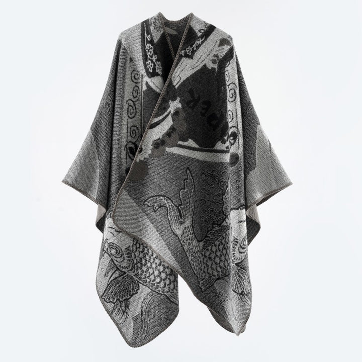 Damen Jacquard-Strick Cape mit Koi-Motiv und weitem Oversize-Fall Echo Archiv