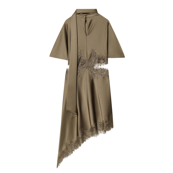 Damen asymmetrisches Cape-Midikleid mit Stehkragen, Schal und zarter Spitzensaum – Élara
