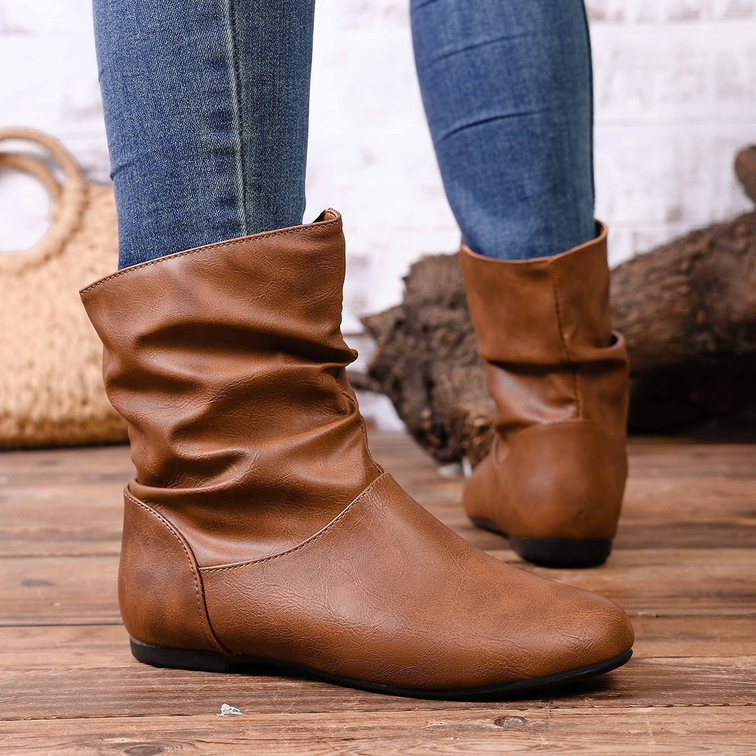 Damen weiche Slouch-Stiefel mit flacher Laufsohle und gerafftem Schaft – Lioré