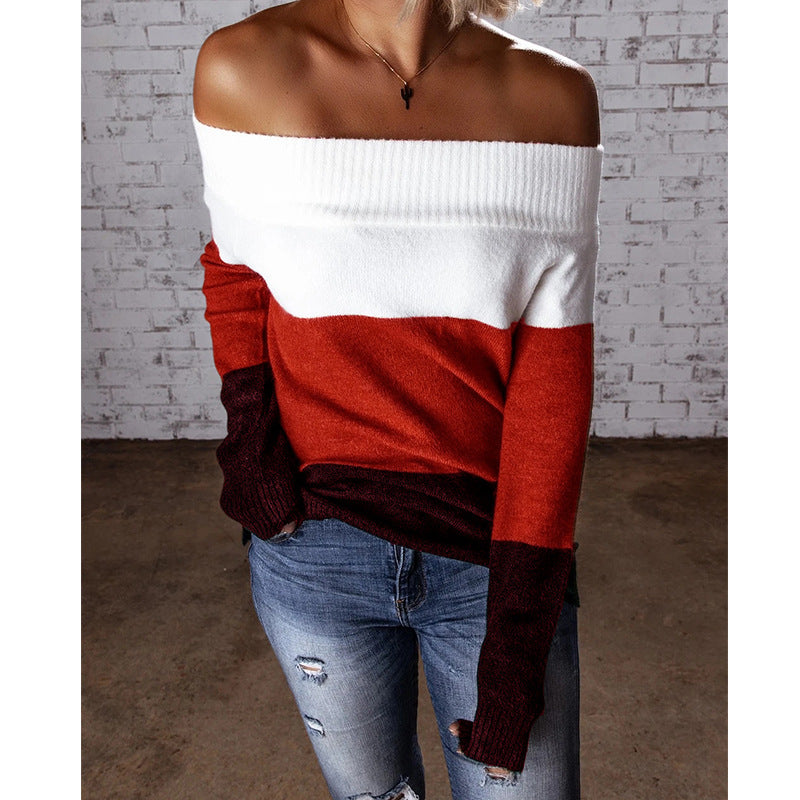 Damen Schulterfreier Colorblock-Strickpullover mit Umschlagkragen Echo Archiv