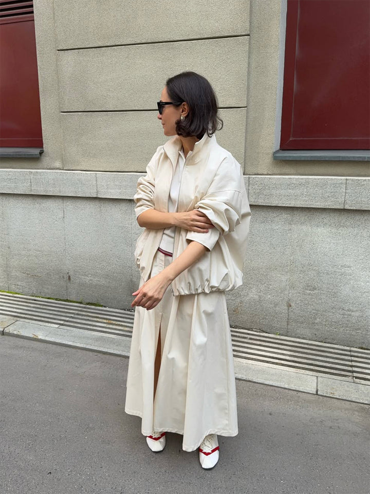 Damen Oversize Cropped-Blouson mit Tunnelzug und fließendem Maxi‑Rock mit Beinschlitz Echoarchiv
