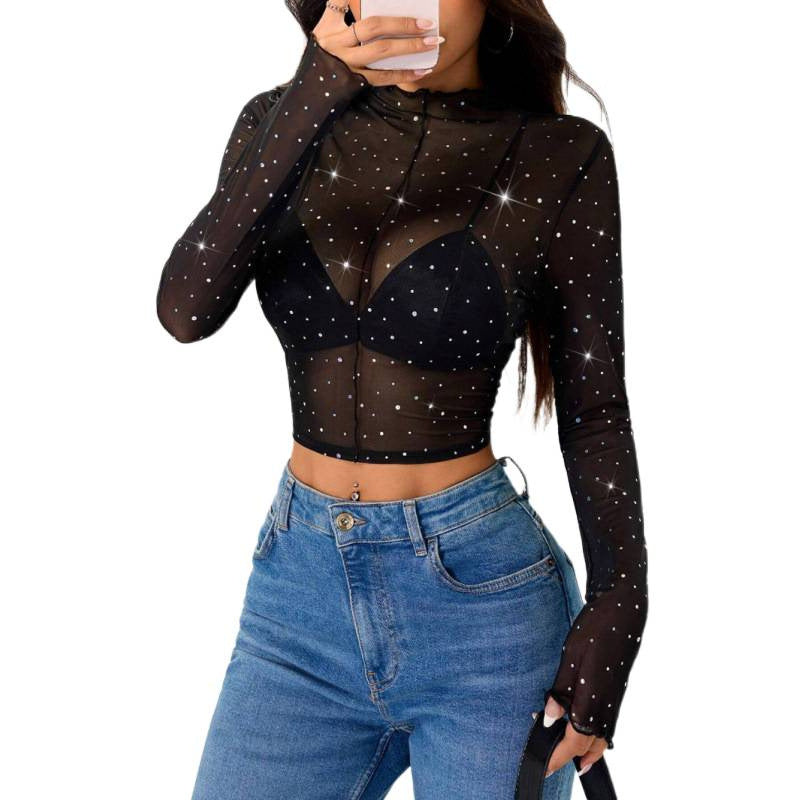 Damen Sexy Crop-Top aus transparentem Netz mit funkelnden Akzenten Echo Archiv