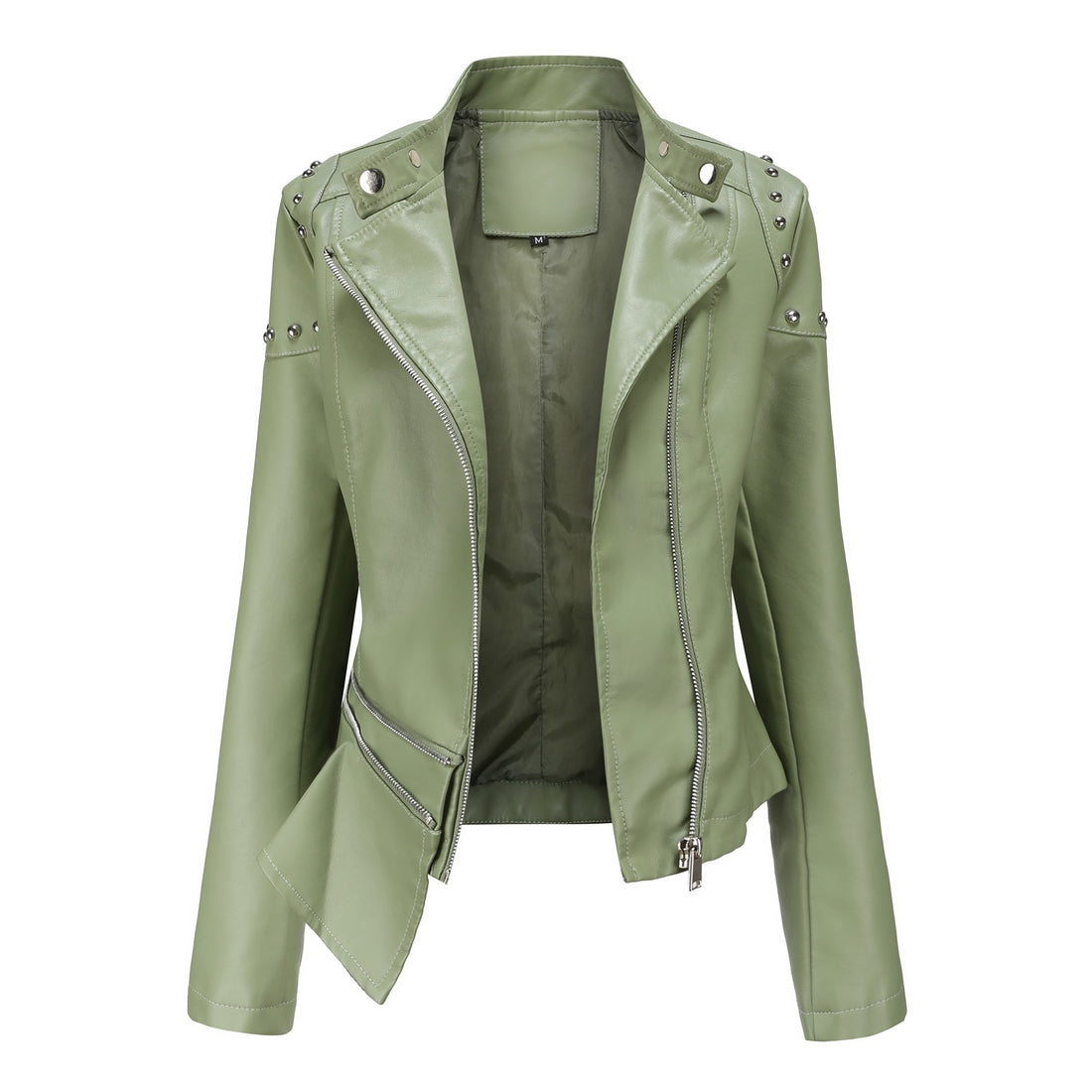 Damen asymmetrische Kunstleder-Bikerjacke mit Nietenapplikation und tailliertem Schößchen – Célinea