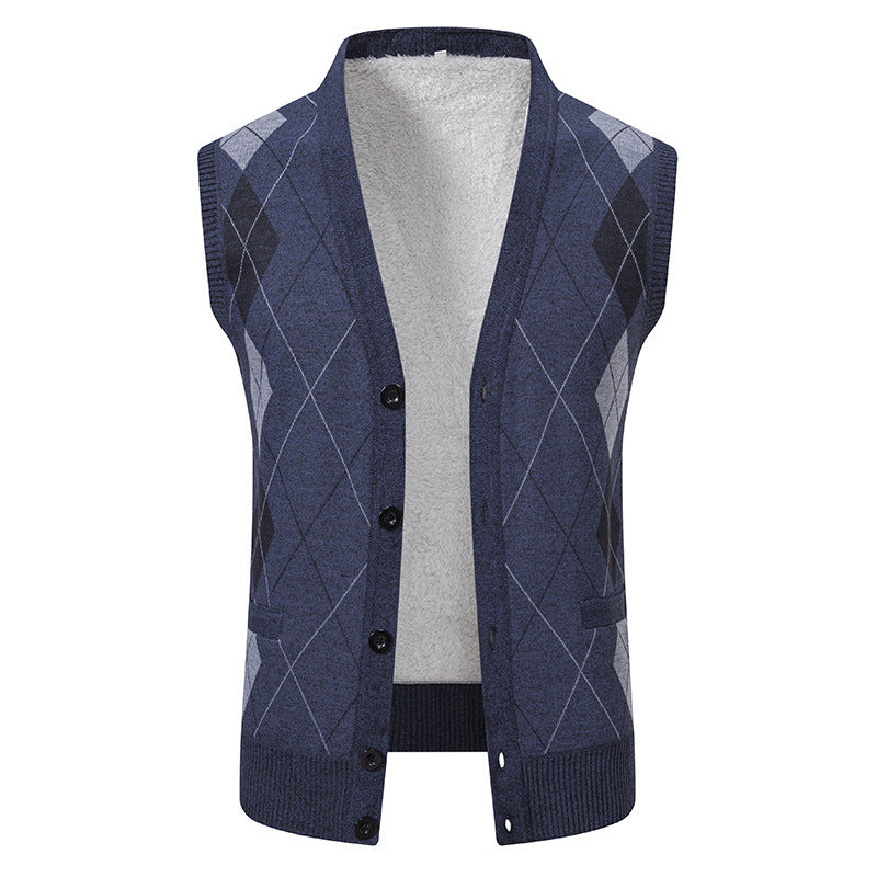 Herren nan ärmellose Strickweste mit Argyle-Muster, Teddyfutter und durchgehender Knopfleiste Echo Archiv