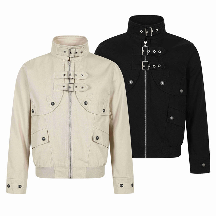Unisex Kurz geschnittener Canvas-Fieldblouson mit Schnallenblende, Utility‑Taschen und hohem Stehkragen Echoarchiv
