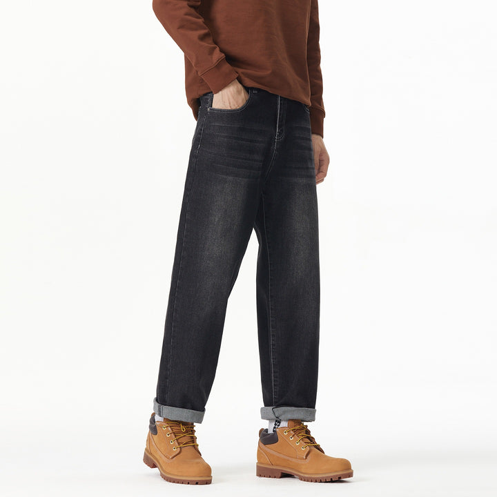 Herren Weite gerade geschnittene Denim-Jeans mit Used‑Wash und Umschlagbund Echoarchiv