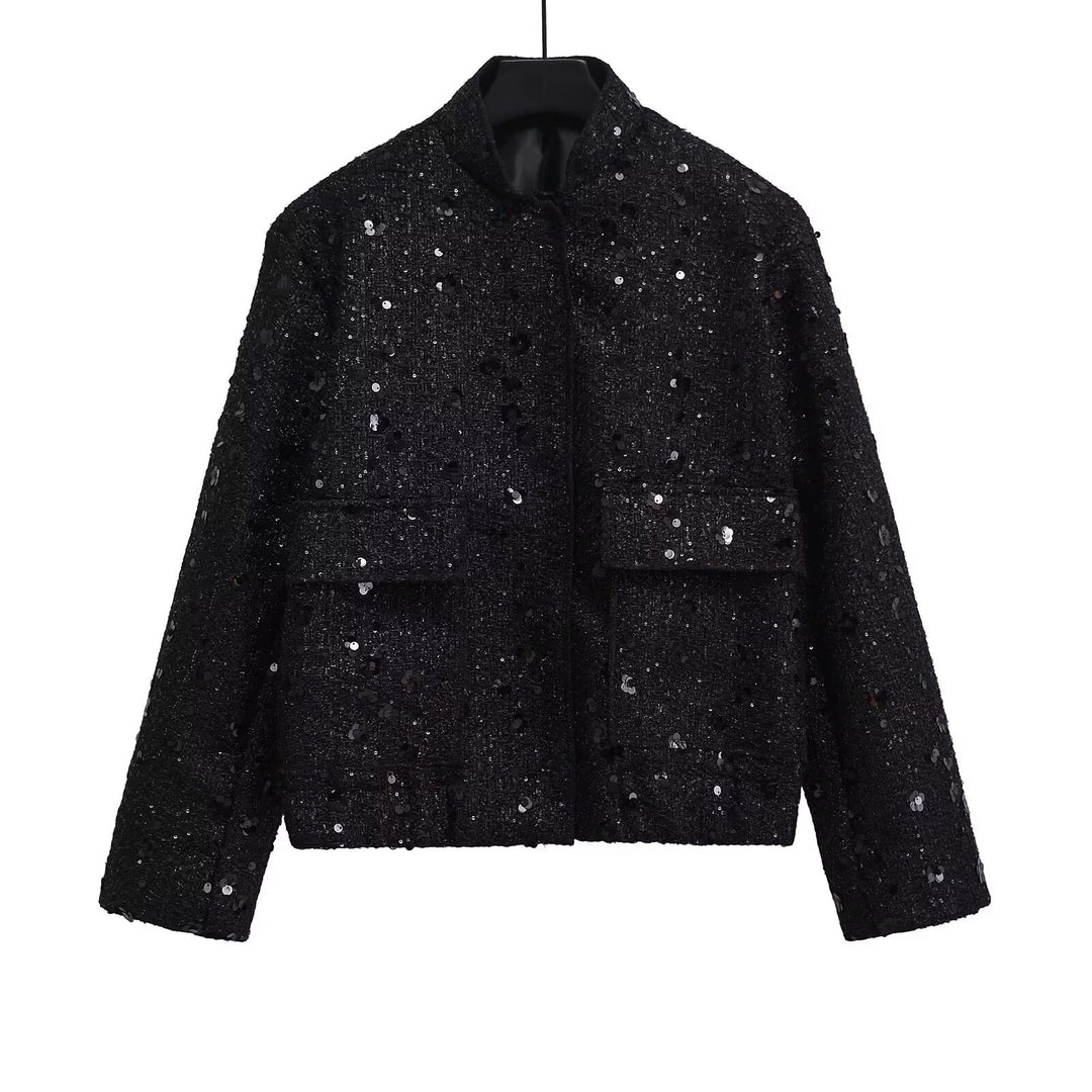 Damen verzierte Bouclé-Bomberjacke mit Pailletten und Strass Echo Archiv