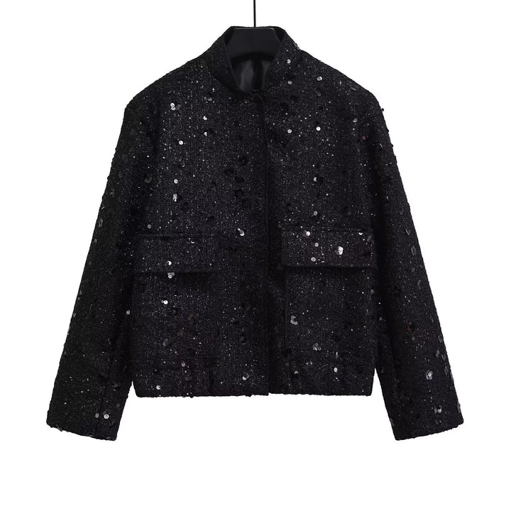 Damen verzierte Bouclé-Bomberjacke mit Pailletten und Strass Echo Archiv