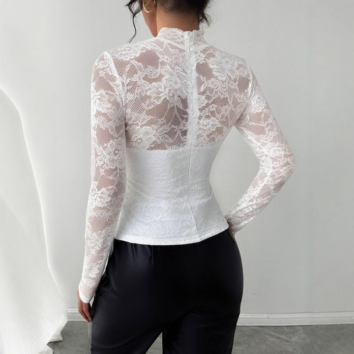Damen Elegantes Spitzenoberteil mit hochgeschlossenem Kragen und langen Ärmeln Echoarchiv