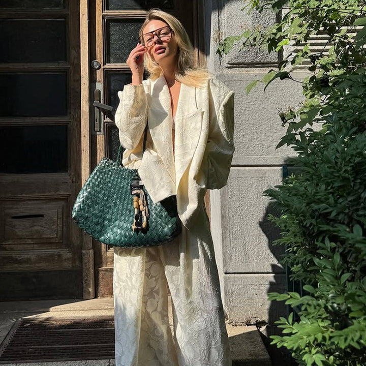 Damen Zweiteiliges Jacquard-Hosen-Set mit Oversize-Boxy-Blazer und hochgeschnittener Palazzo-Hose Echoarchiv