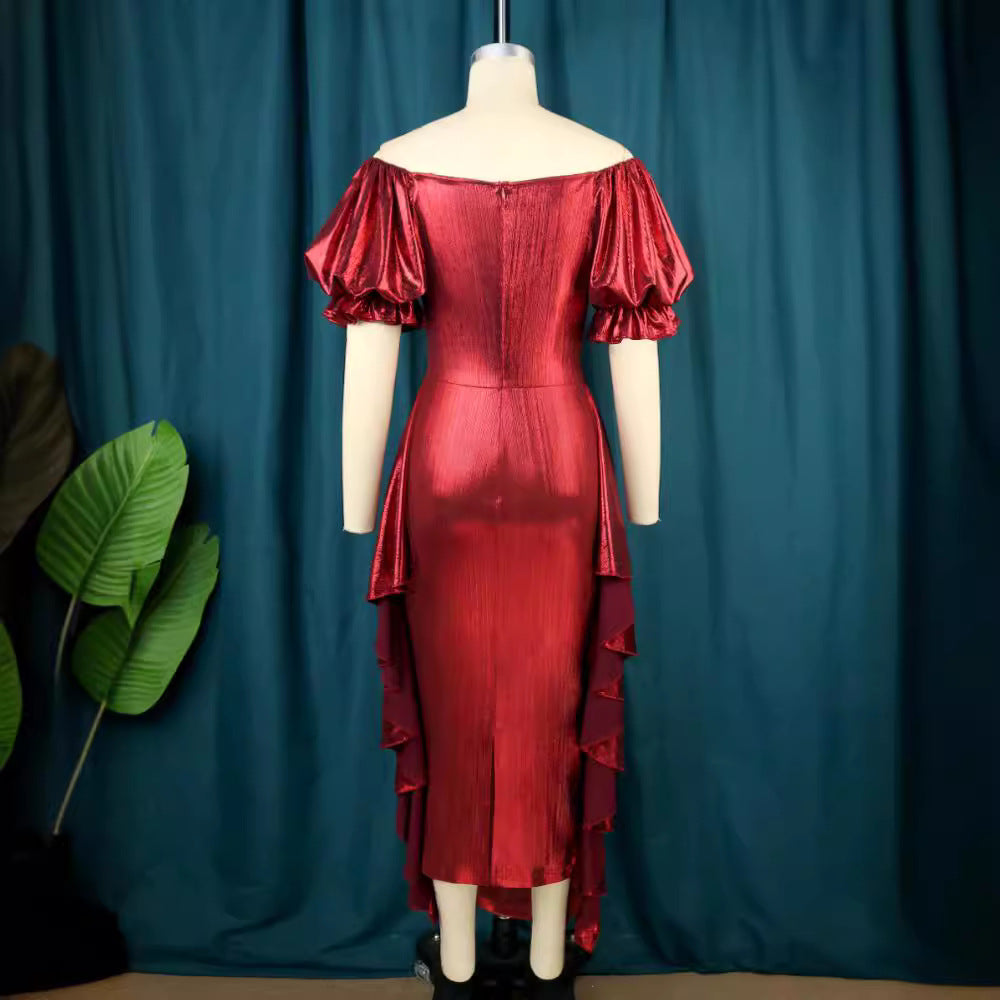 Damen elegantes Kleid mit voluminösen Ballonärmeln und asymmetrischem Saum Echo Archiv