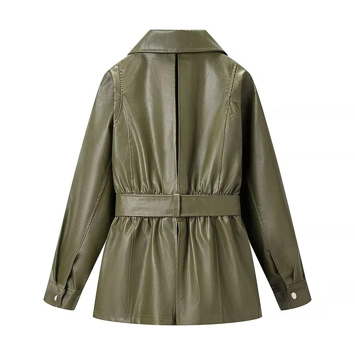 Damen taillierte Kunstleder-Fieldjacke mit Bindegürtel, durchgehendem Metallreißverschluss und zwei Reißverschlusstaschen – Célinea