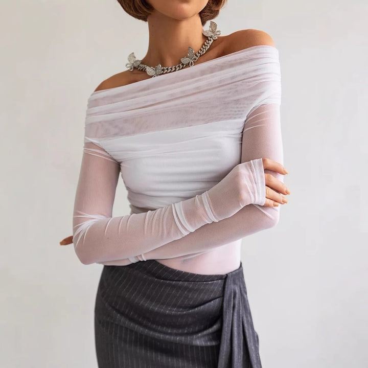 Damen Off-Shoulder Langarmshirt aus leicht transparentem Stoff mit raffiniertem Drapierungseffekt Echo Archiv
