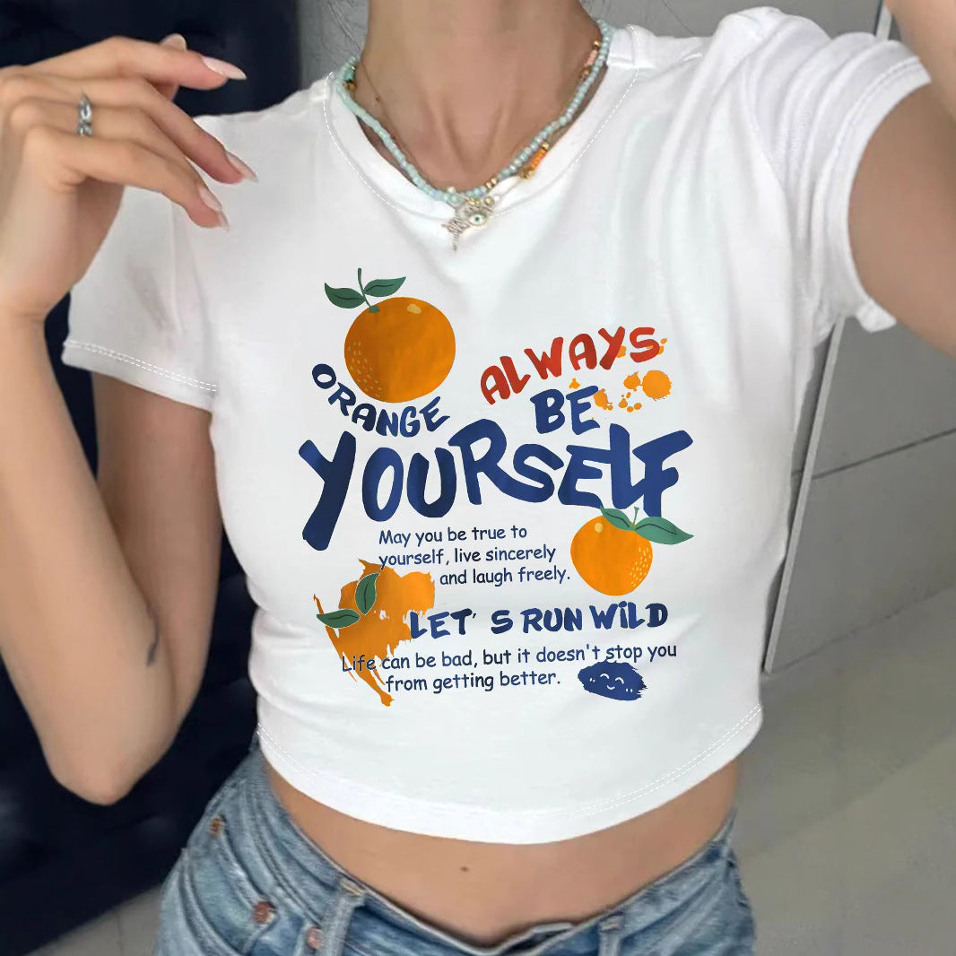 Damen Crop-T-Shirt mit inspirierendem Schriftzug und fröhlichem Obstmotiv Echo Archiv