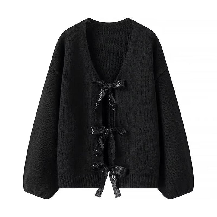 Damen Oversized Strickcardigan mit V-Ausschnitt und Pailletten‑Schleifen Echo Archiv