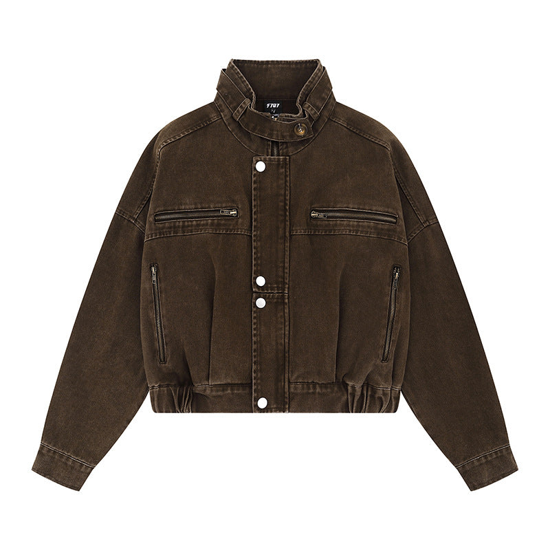Damen Cropped Utility-Bomberjacke mit Stehkragen, Reißverschlusstaschen und Elastbund Echoarchiv