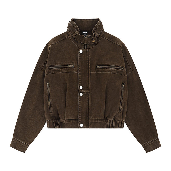 Damen Cropped Utility-Bomberjacke mit Stehkragen, Reißverschlusstaschen und Elastbund Echoarchiv