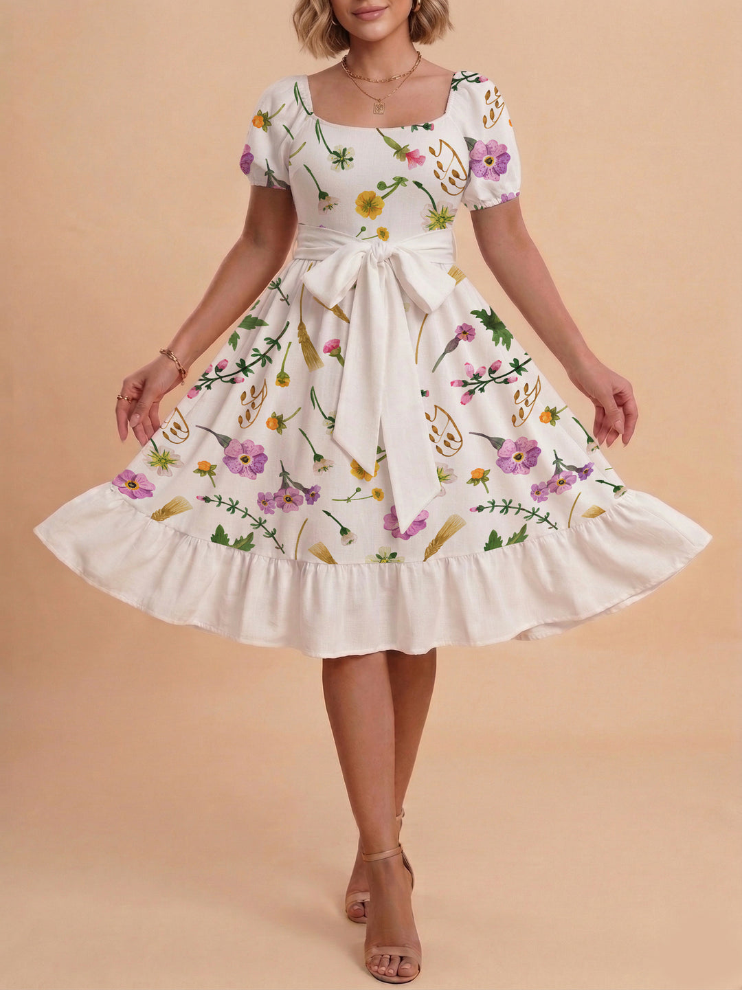 Damen modernes Blumenkleid mit elegantem Taillengürtel und asymmetrischem Saum Echo Archiv