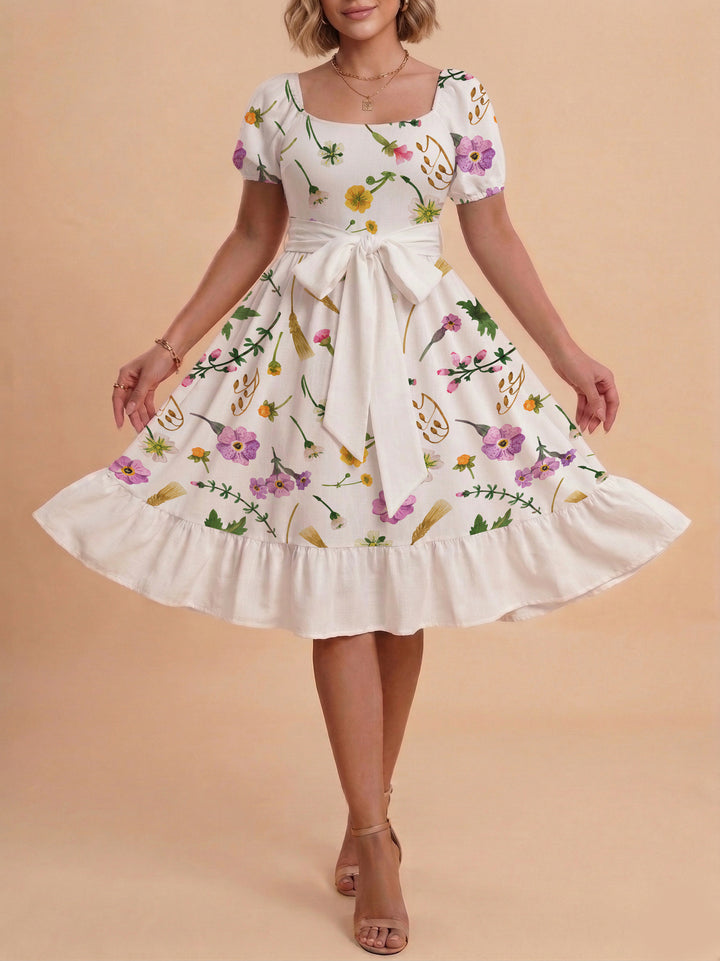 Damen modernes Blumenkleid mit elegantem Taillengürtel und asymmetrischem Saum Echo Archiv