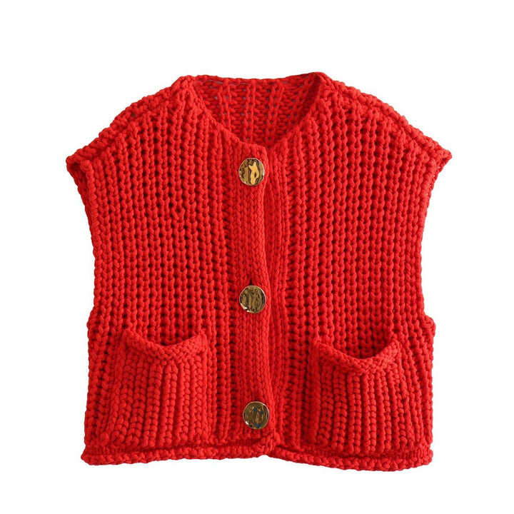 Damen modische Strickweste mit Knopfdetails und aufgesetzten Taschen Echoarchiv
