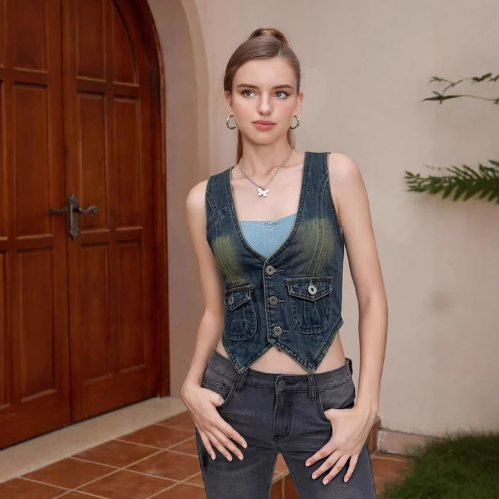Damen ärmellose Denim-Weste mit aufgesetzten Taschen und tiefem V-Ausschnitt Echo Archiv
