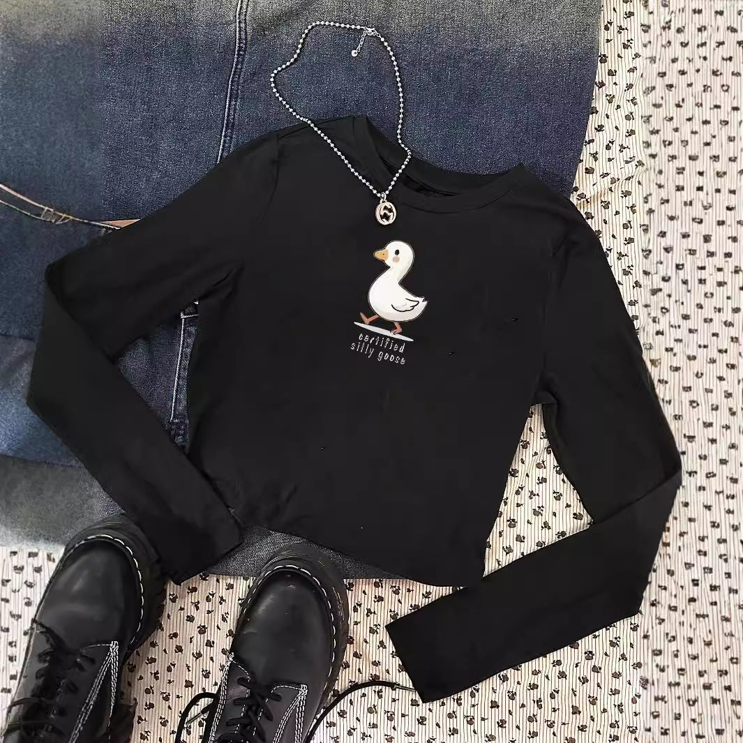 Damen figurbetontes Langarmshirt mit niedlichem Gänse-Print, Rundhalsausschnitt und leichtem Stretch – Avérine
