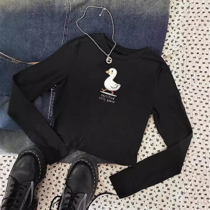Damen figurbetontes Langarmshirt mit niedlichem Gänse-Print, Rundhalsausschnitt und leichtem Stretch – Avérine