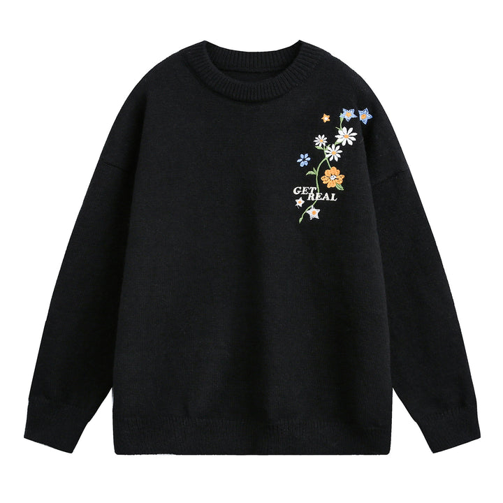 Damen Weit geschnittener Rundhals‑Strickpullover mit floraler Stickerei Echo Archiv
