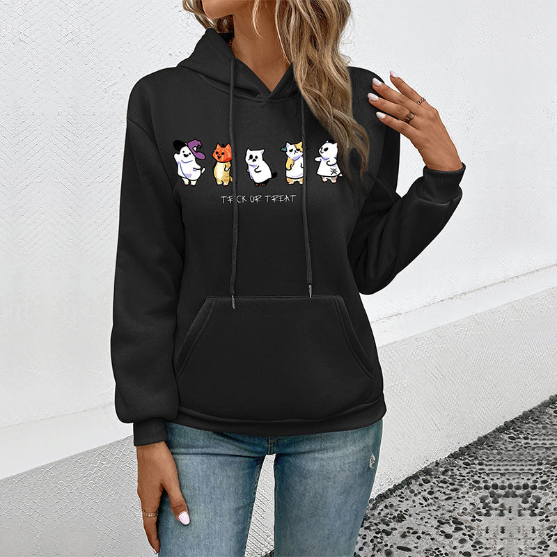 Damen Kapuzenpullover mit Cartoon-Katzen-Motiv, Kängurutasche und weichem Futter Echoarchiv