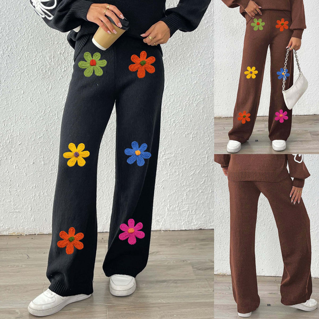 Damen lässige Strickhose mit bunten Blumenapplikationen Echo Archiv