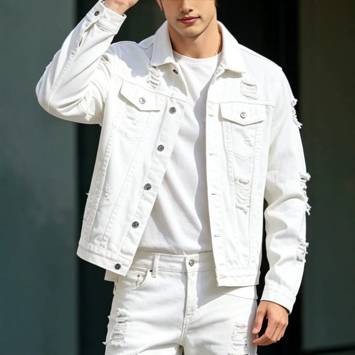 Herren Modische Jeansjacke mit Zerrissenen Details Echoarchiv