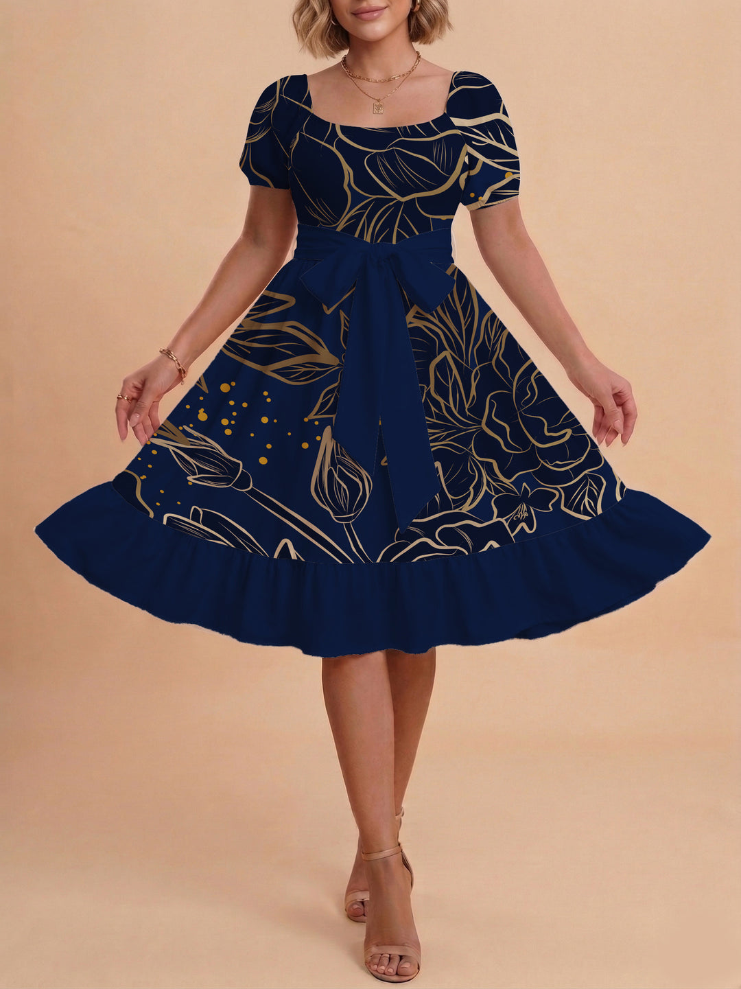 Damen A-Linien-Kleid mit floralen Motiven und taillierbarem Gürtel Echo Archiv