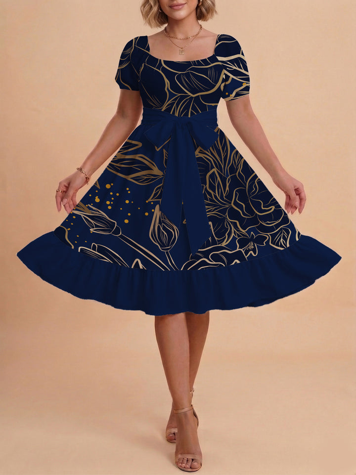 Damen A-Linien-Kleid mit floralen Motiven und taillierbarem Gürtel Echo Archiv