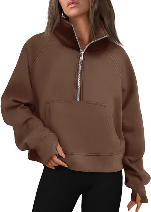 Damen nan cropped Halbzip-Sweatshirt mit hohem Stehkragen, Kängurutasche und überschnittener Schulter Echo Archiv