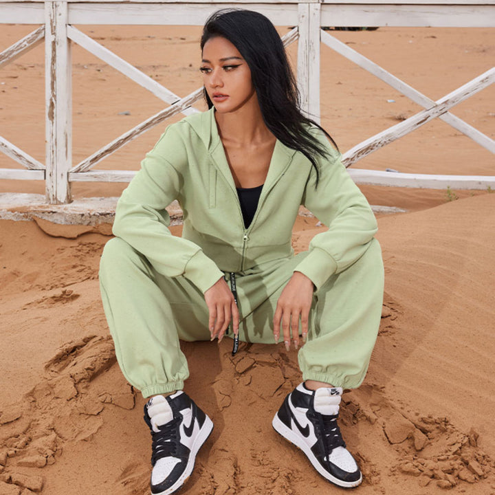 Damen Zweiteiliges Cropped Reißverschluss-Hoodie mit elastischer High-Waist Jogginghose – Auréline