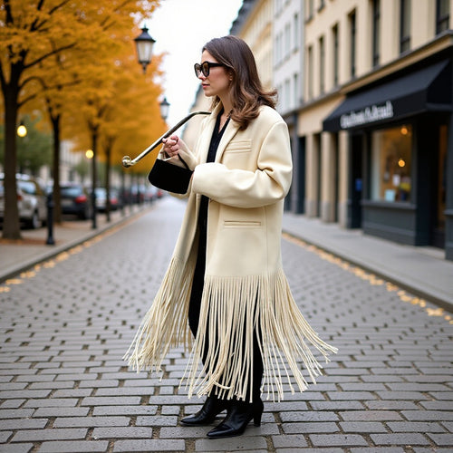 Damen Langmantel mit langem Fransen‑Saum, kastiger Oversize‑Silhouette und Reverskragen Echo Archiv