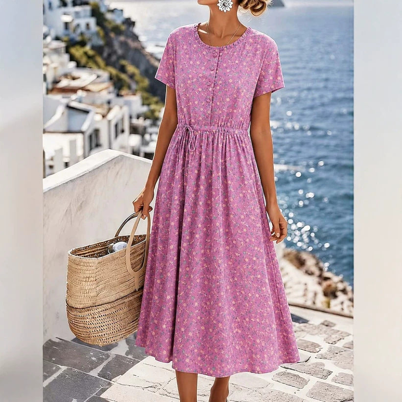 Damen Midikleid mit floralem Alloverprint, Tunnelzugtaillenband und Knopfleiste – Élara