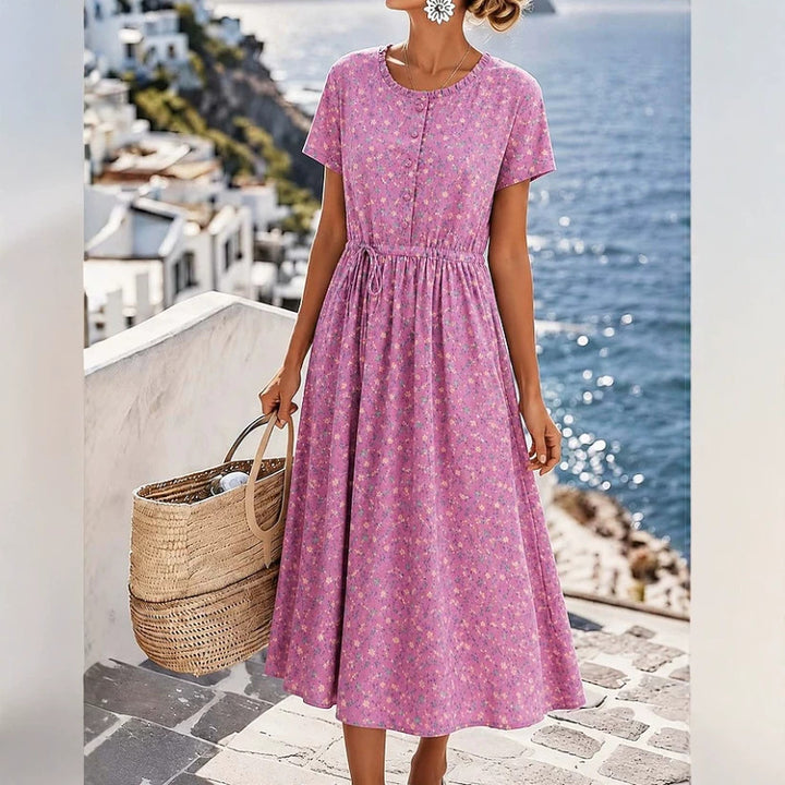 Damen Midikleid mit floralem Alloverprint, Tunnelzugtaillenband und Knopfleiste – Élara