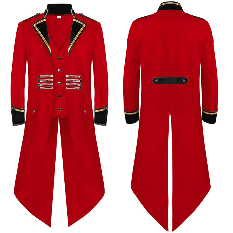 Herren militärisch inspirierter Longcoat mit Schößenschnitt, Stehkragen und dekorativen Metallleisten – Montevé