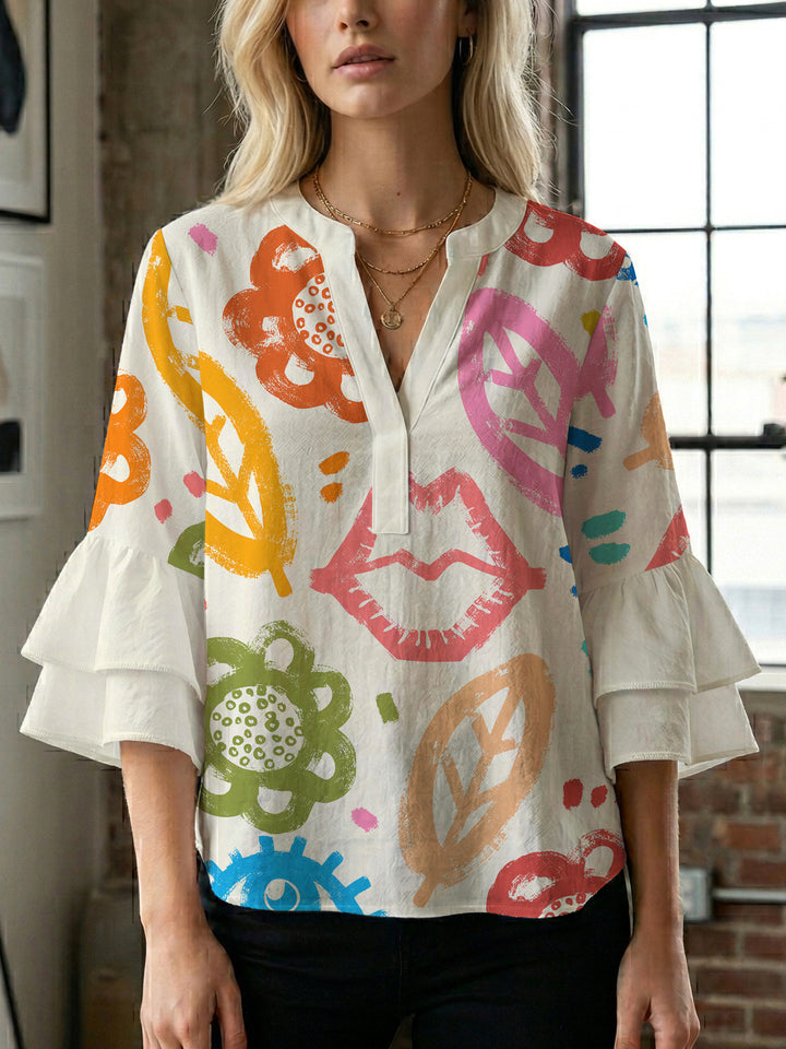 Damen Bluse mit voluminösen Rüschenärmeln und floralem Muster Echo Archiv