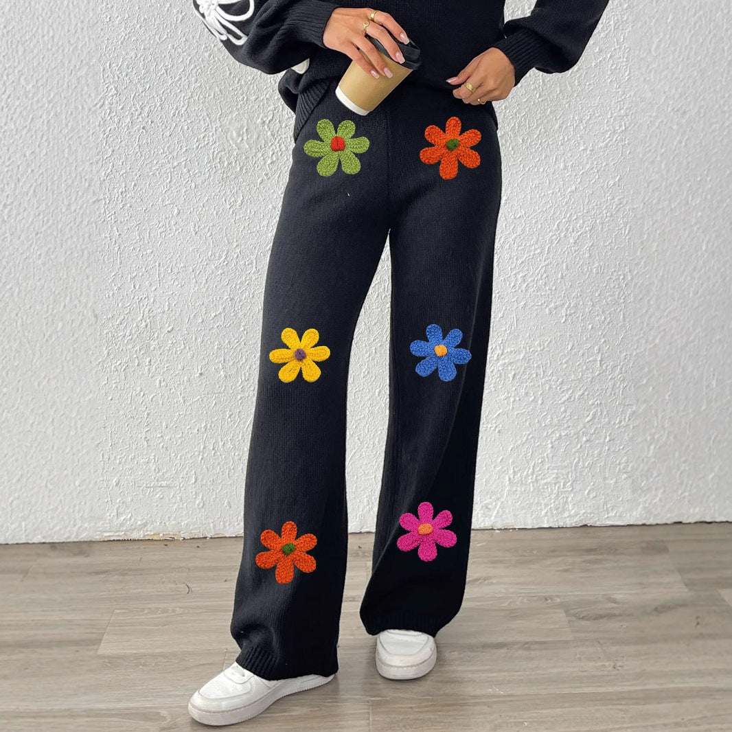 Damen lässige Strickhose mit bunten Blumenapplikationen Echo Archiv