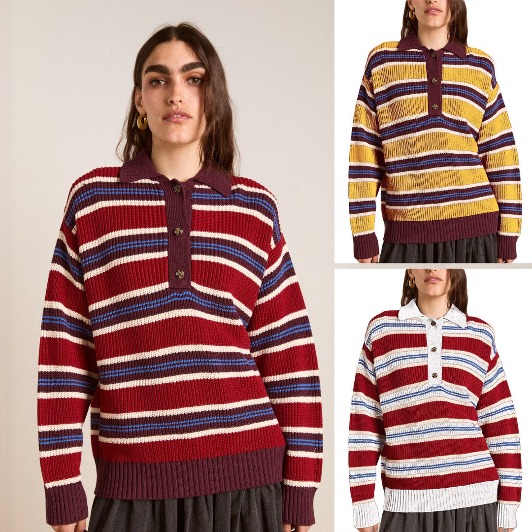 Damen Oversize Strickpullover mit Polokragen & mehrlagigem Streifenrelief Echoarchiv