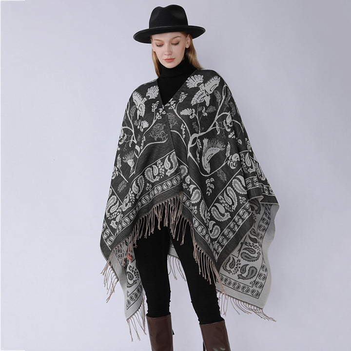 Damen Jacquard-Poncho im Oversize-Kaftan mit floraler und Vogelornamentik Echo Archiv