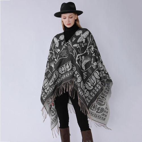 Damen Jacquard-Poncho im Oversize-Kaftan mit floraler und Vogelornamentik Echo Archiv