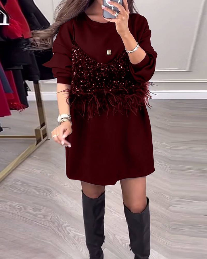 Damen nan Sweatshirt-Minikleid mit Pailletten-Front und Federbesatz Echo Archiv