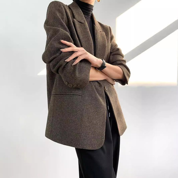 Damen Klassischer Woll-Tweed-Blazer mit schmalem Revers, Teilgefüttert und Ein-Knopf Echo Archiv