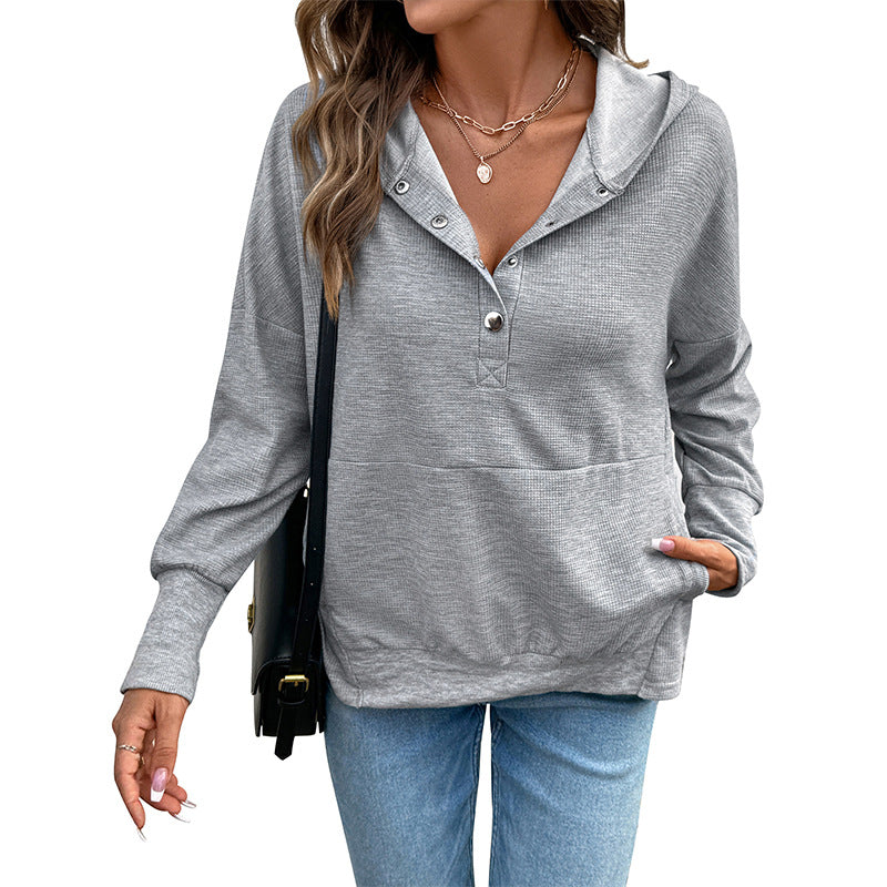 Damen lässiger Waffel-Kapuzenpullover mit Henley-Knopfleiste und Kängurutasche Echoarchiv